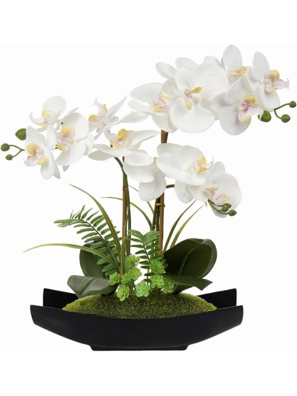 15in White Faux Orchid Silk Flowers in Black Pot - Modern Home Decor Centerpiece